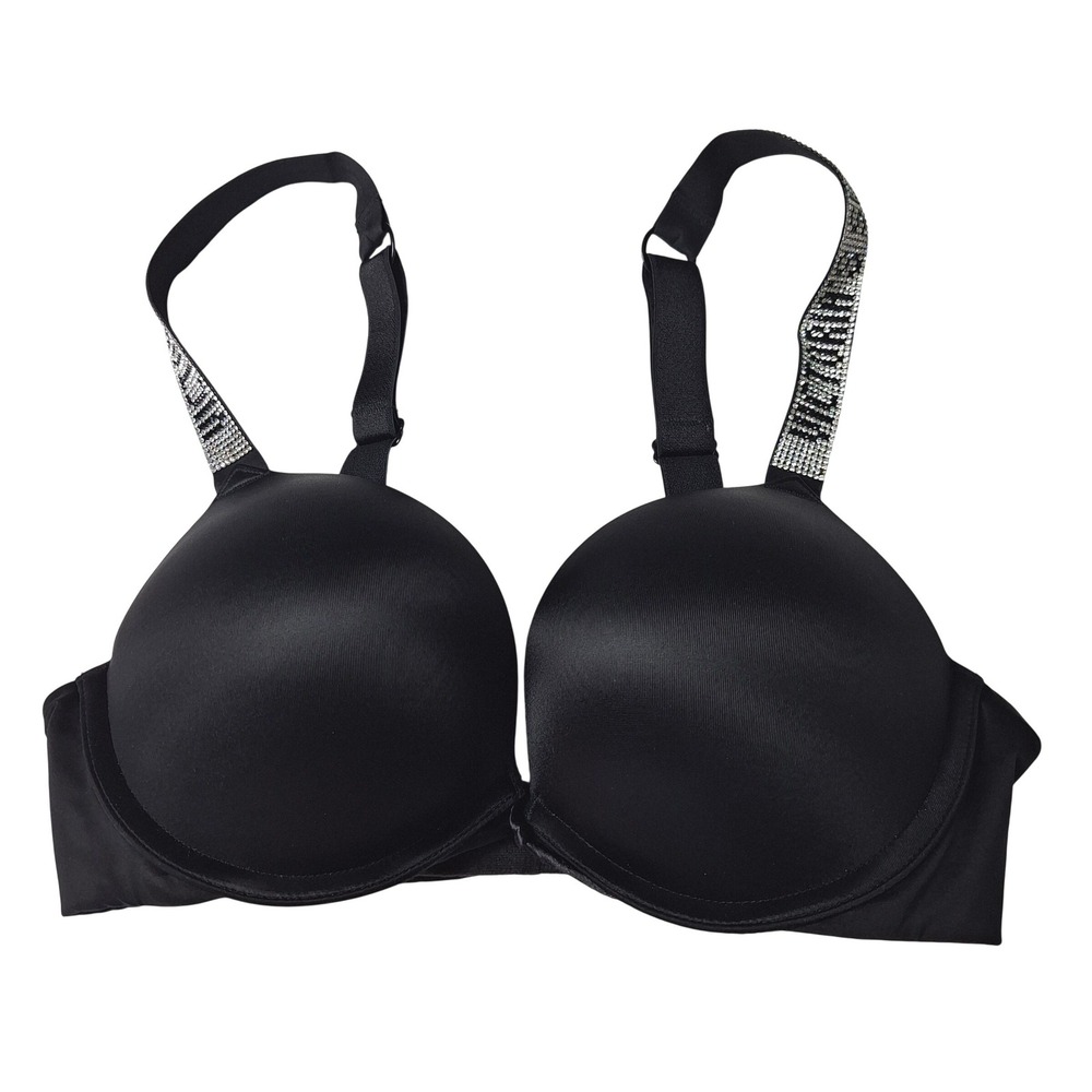Victorias Secret Bra 34B Black Bombshell Plunge Crystal Shine Strap Add 2 Cups
